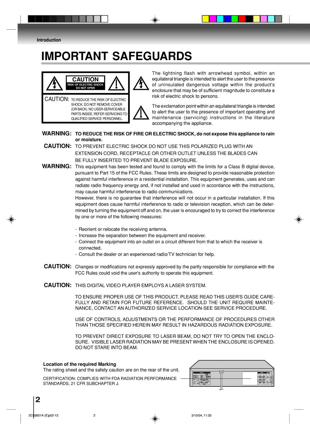 Toshiba SD-V396SU owner manual Introduction, Location of the required Marking 