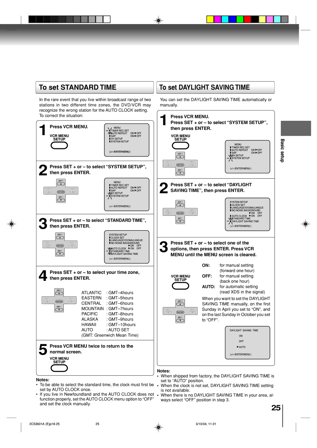 Toshiba SD-V396SU owner manual To set Standard Time, Off, Auto 