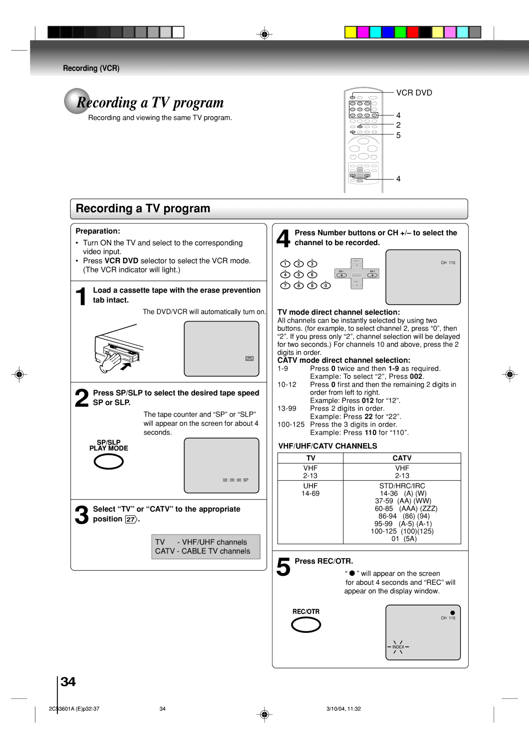 Toshiba SD-V396SU owner manual Recording a TV program, Recording VCR, VHF/UHF/CATV Channels Catv 