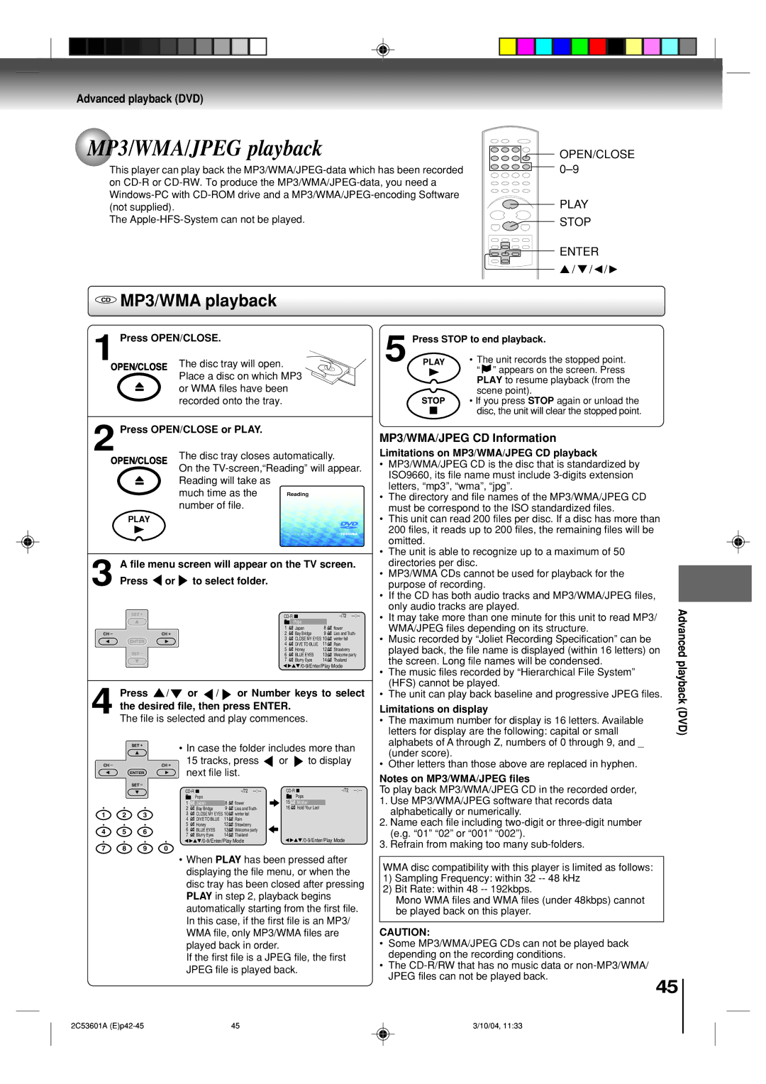 Toshiba SD-V396SU MP3/WMA/JPEG playback, CD MP3/WMA playback, Advanced playback DVD, MP3/WMA/JPEG CD Information 