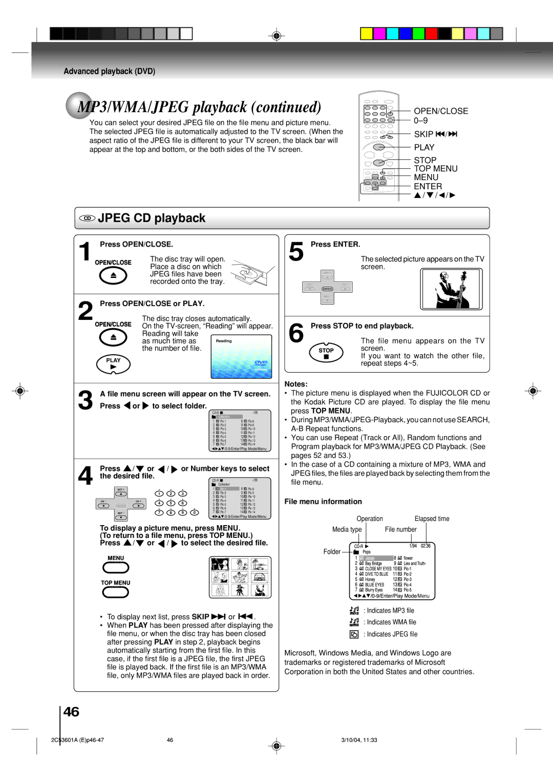 Toshiba SD-V396SU Jpeg CD playback, Press Stop to end playback, File menu appears on the TV, File menu information 