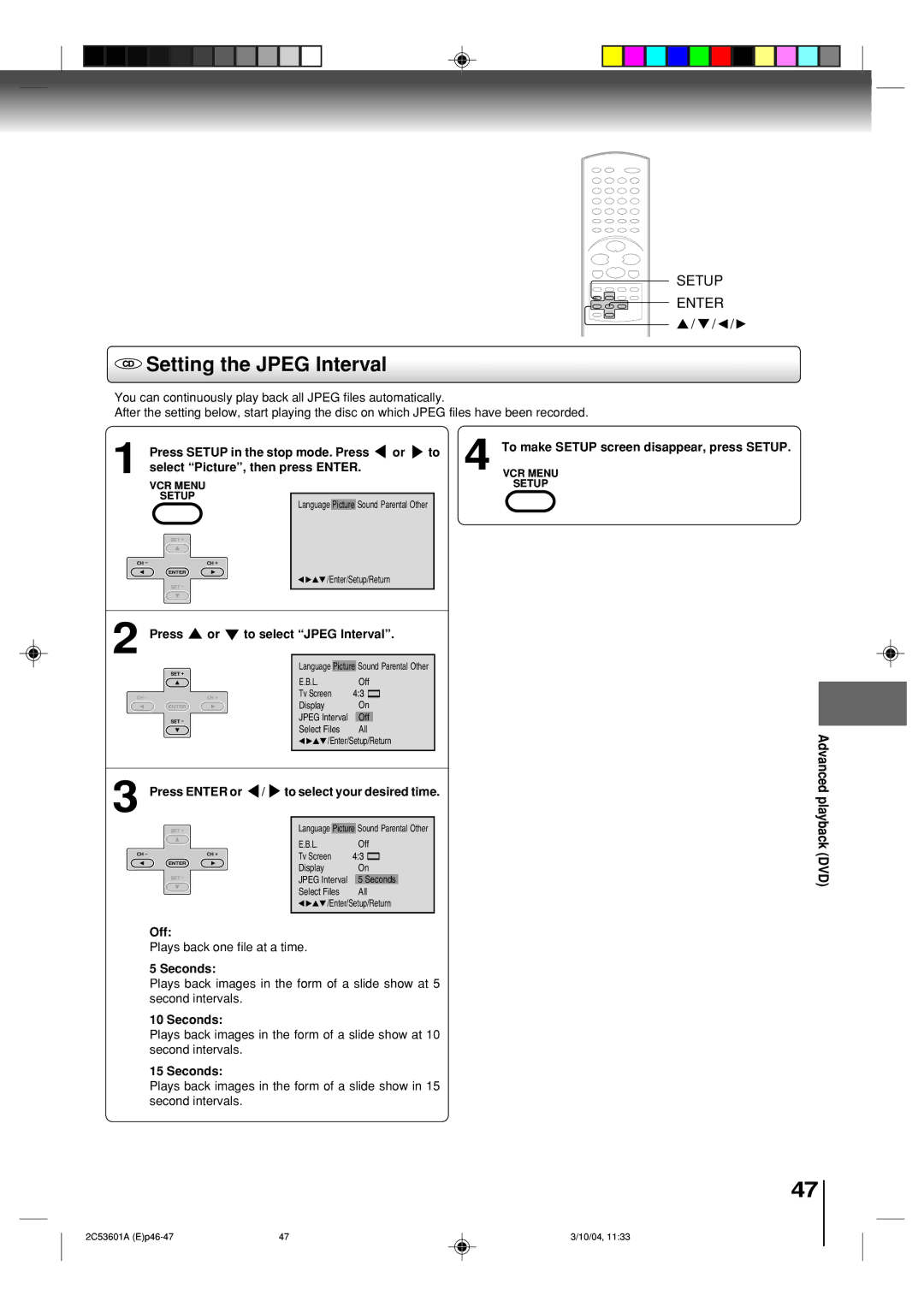 Toshiba SD-V396SU owner manual Setting the Jpeg Interval 