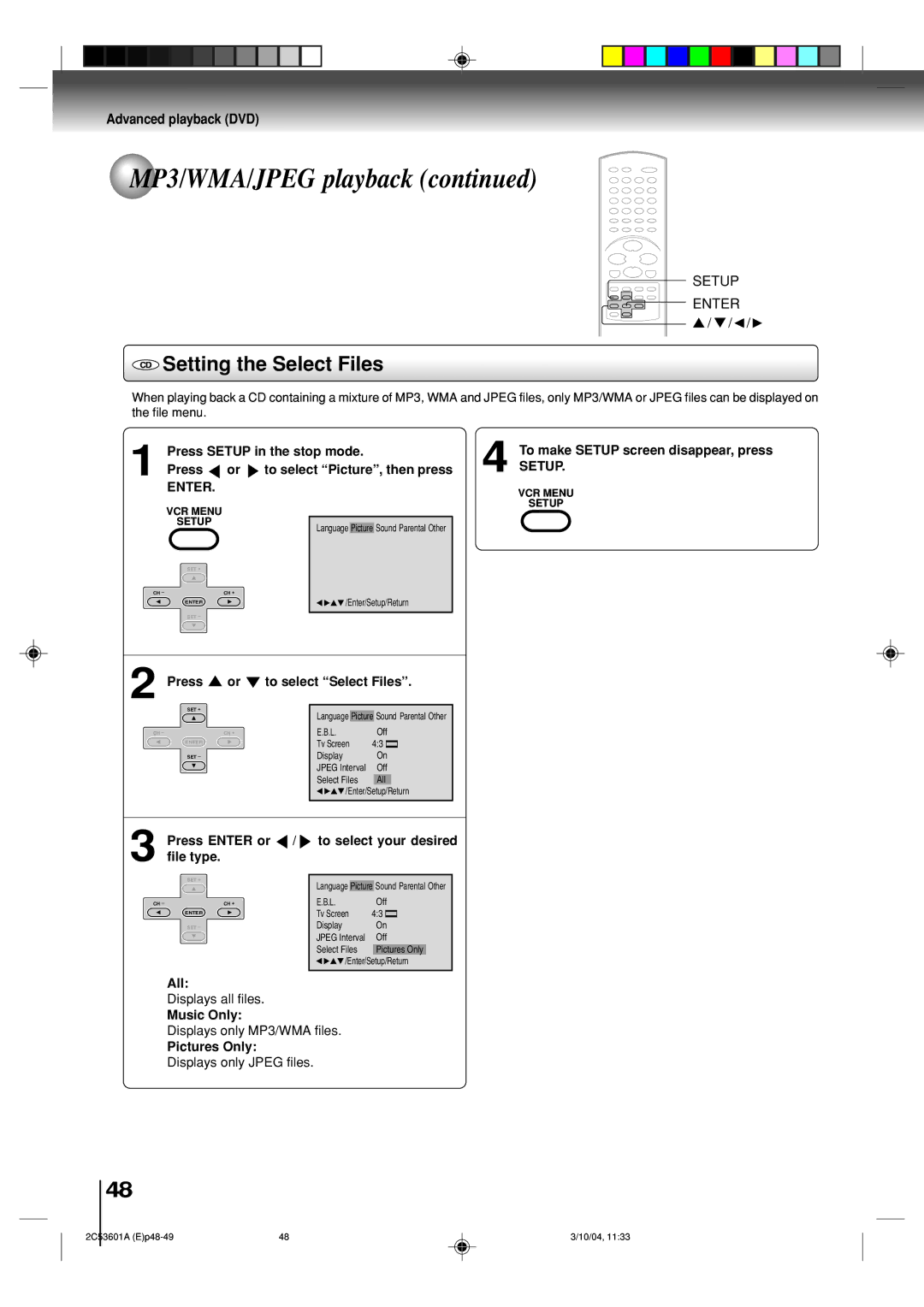 Toshiba SD-V396SU owner manual Setting the Select Files 