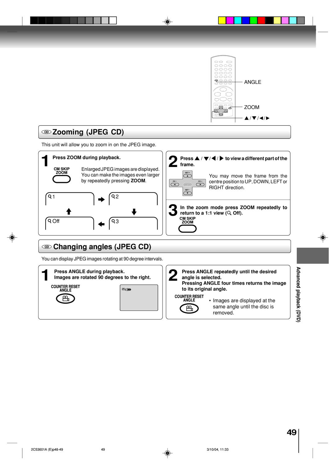 Toshiba SD-V396SU owner manual Zooming Jpeg CD, Changing angles Jpeg CD 