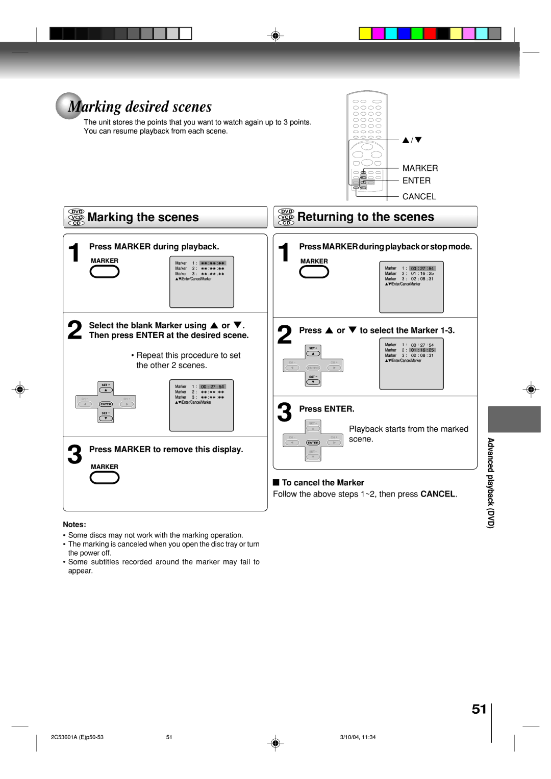 Toshiba SD-V396SU owner manual Marking desired scenes, Marking the scenes, VCD Returning to the scenes 