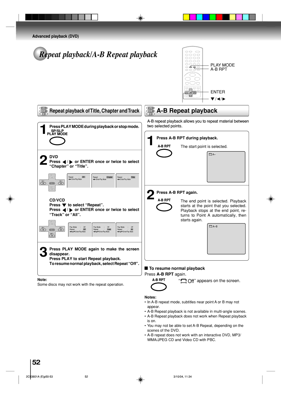 Toshiba SD-V396SU owner manual Repeat playback/A-B Repeat playback, VCD A-B Repeat playback, Cd/Vcd 