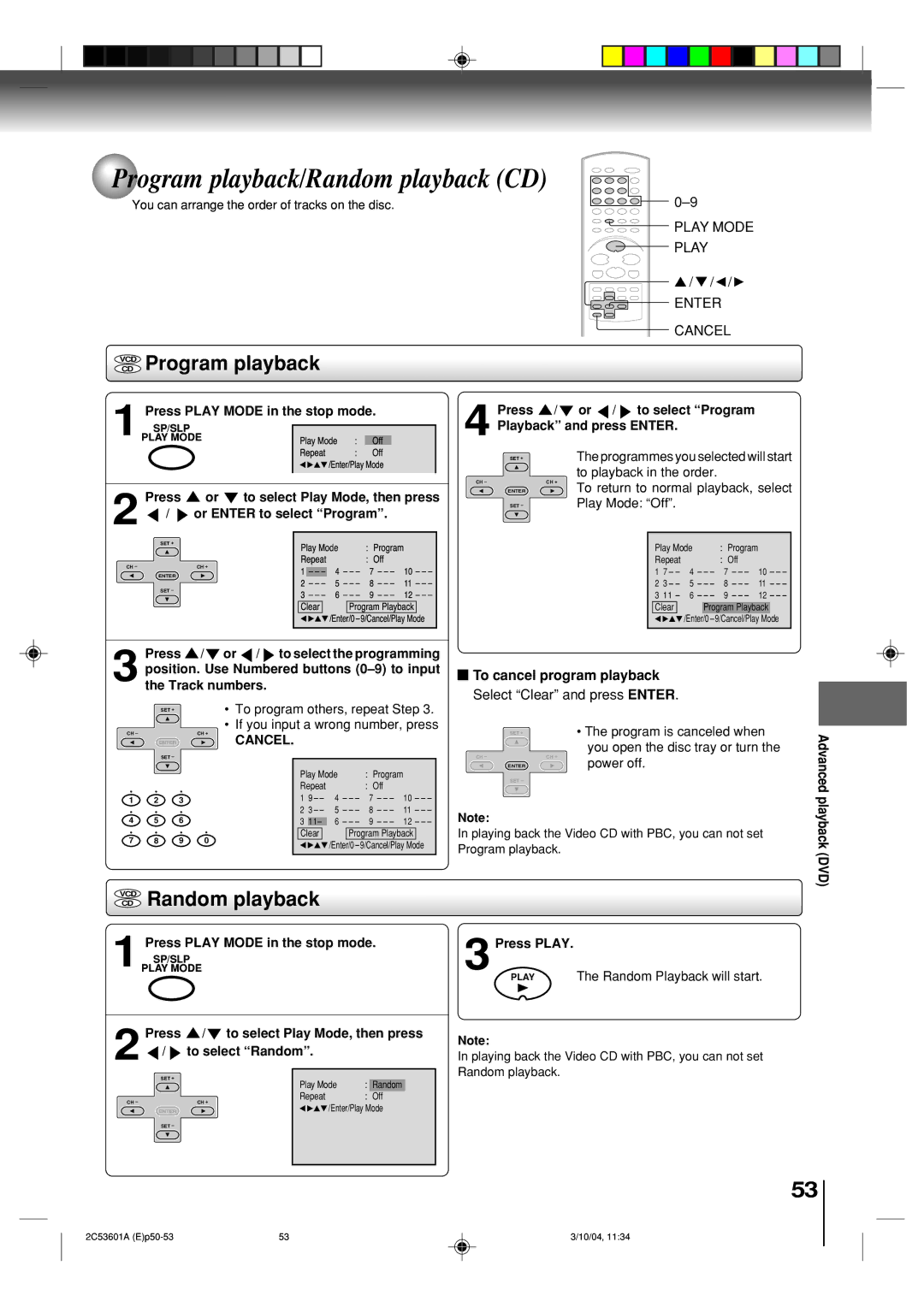 Toshiba SD-V396SU owner manual Program playback/Random playback CD, VCD Random playback, To cancel program playback 