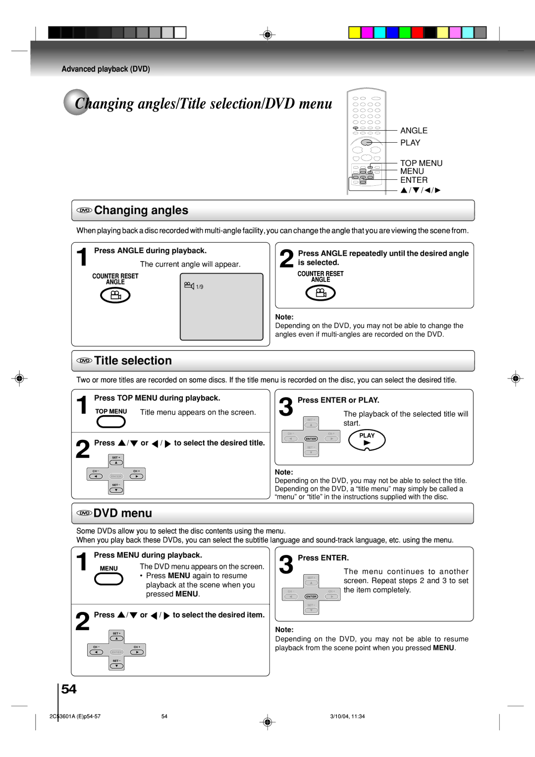 Toshiba SD-V396SU owner manual Changing angles/Title selection/DVD menu 