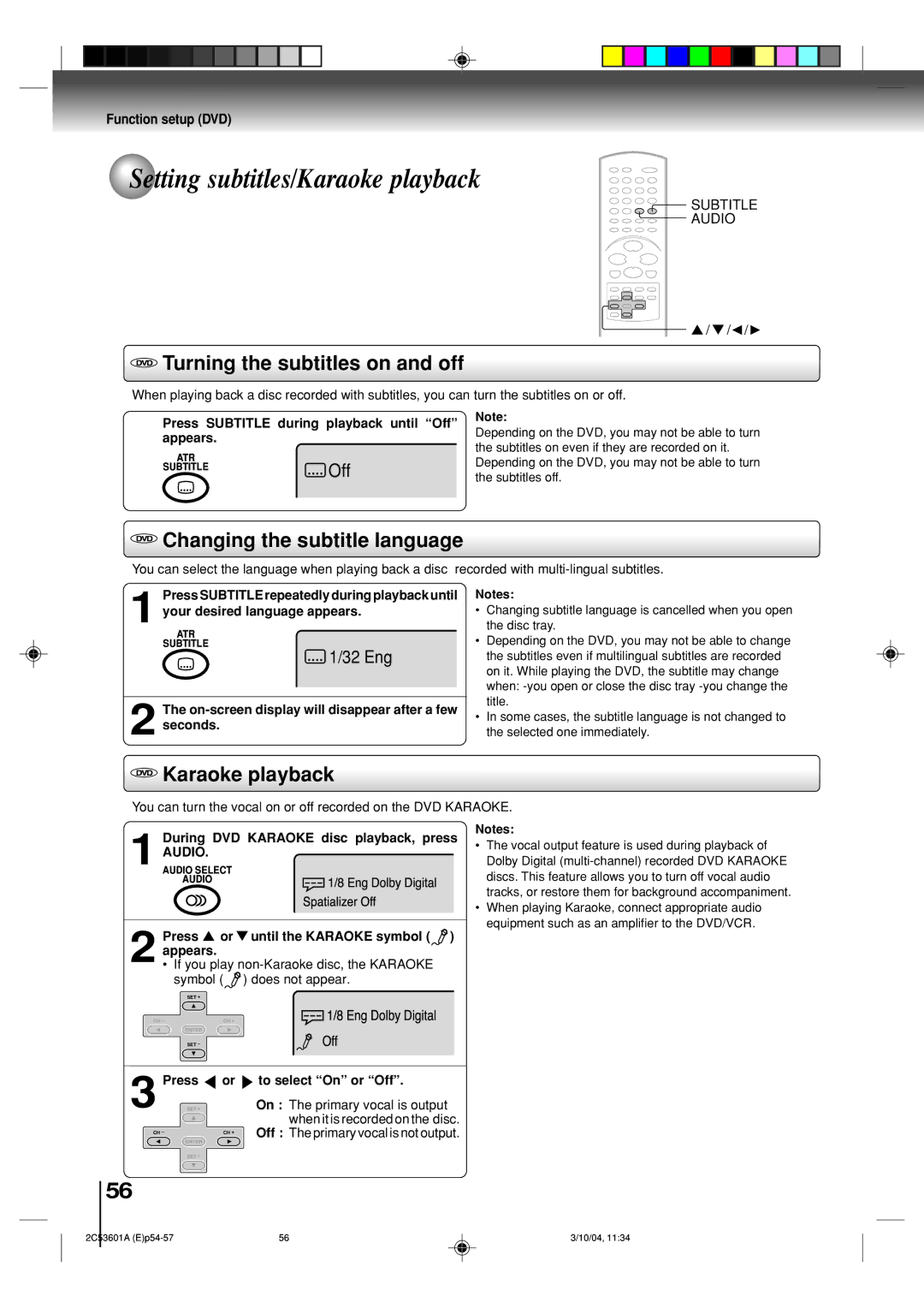 Toshiba SD-V396SU Setting subtitles/Karaoke playback, Turning the subtitles on and off, Changing the subtitle language 