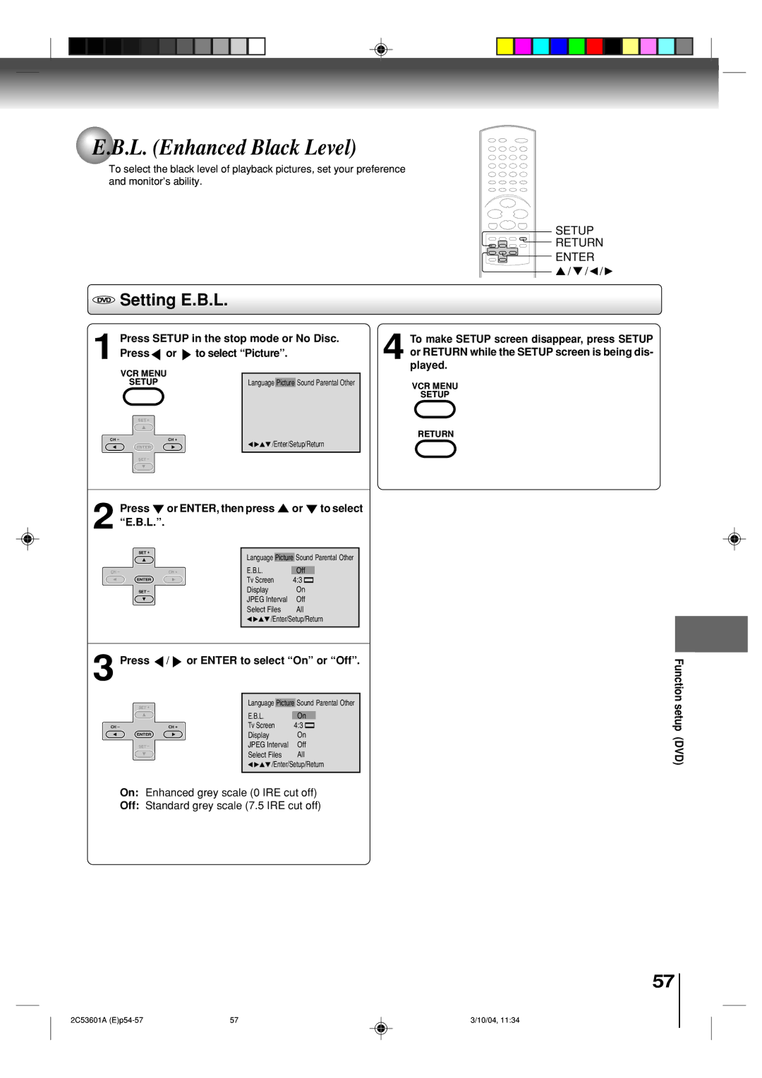 Toshiba SD-V396SU owner manual L. Enhanced Black Level, Setting E.B.L, Press or ENTER, then press or to select E.B.L 