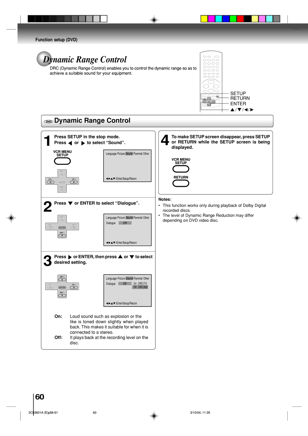 Toshiba SD-V396SU owner manual Dynamic Range Control, Press Setup in the stop mode Press or to select Sound 