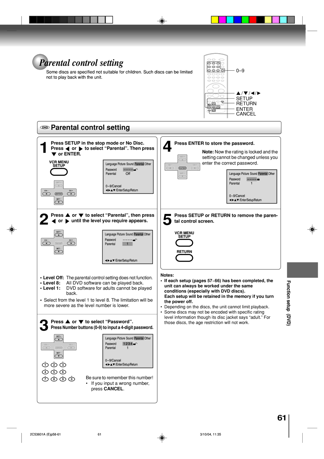 Toshiba SD-V396SU owner manual Parental control setting 