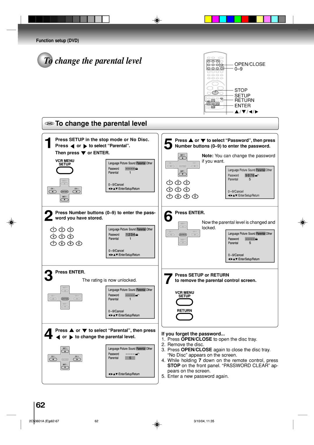 Toshiba SD-V396SU owner manual To change the parental level, If you forget the password 