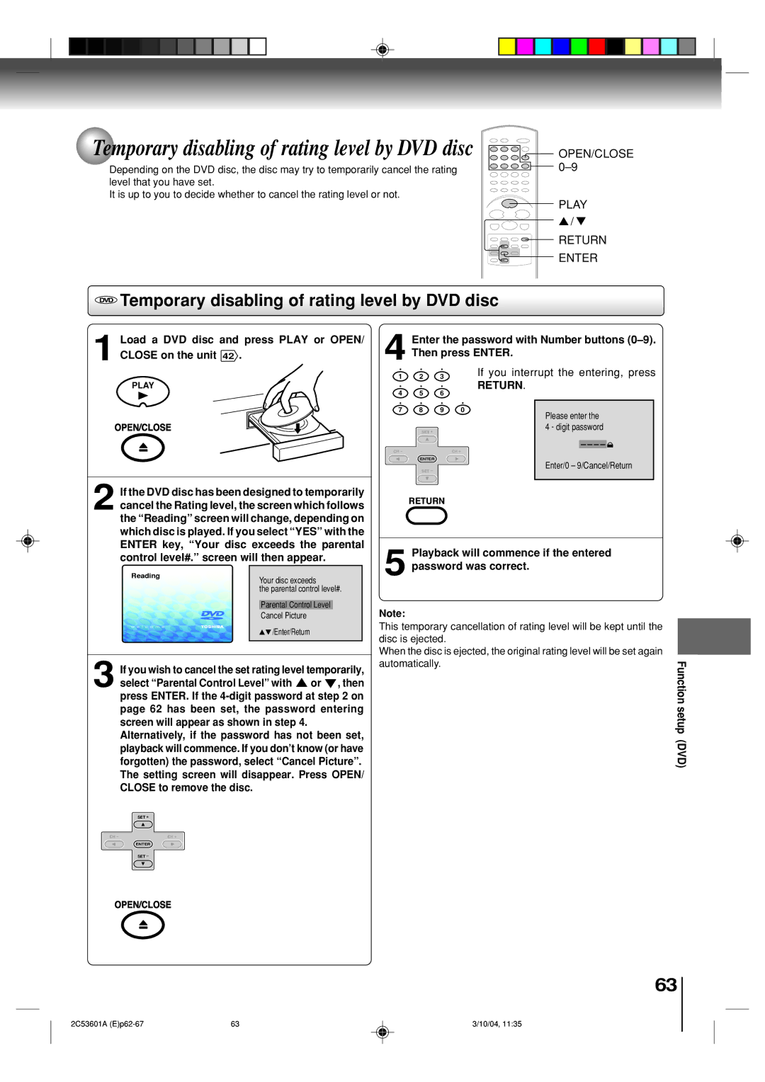 Toshiba SD-V396SU owner manual Temporary disabling of rating level by DVD disc, Return 