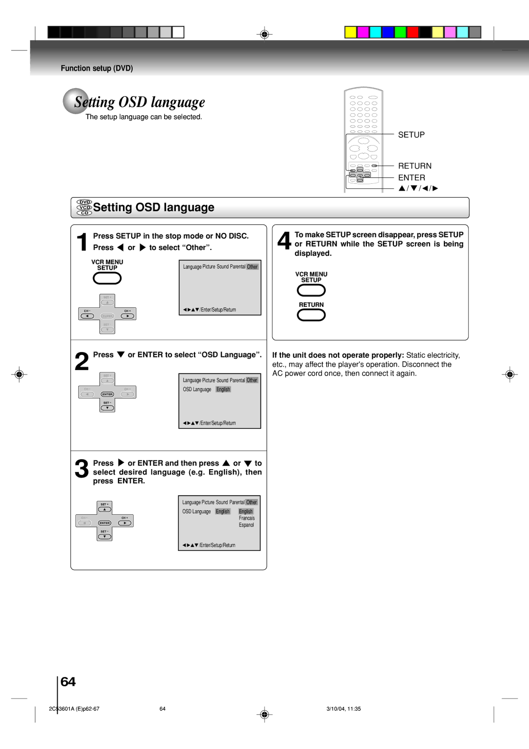 Toshiba SD-V396SU VCD Setting OSD language, Setup language can be selected, Press or Enter to select OSD Language 