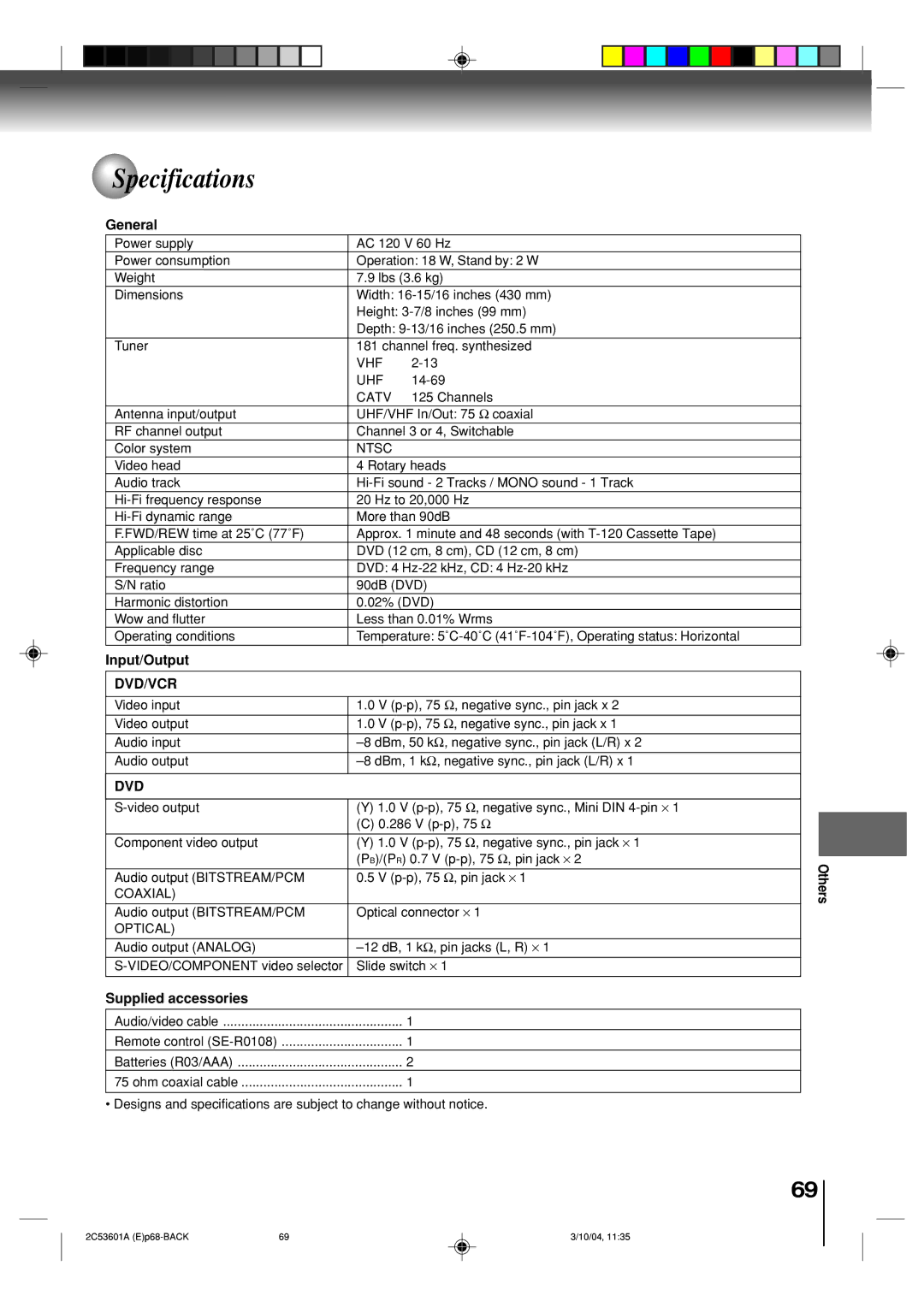 Toshiba SD-V396SU owner manual Specifications, General, Input/Output, Supplied accessories 