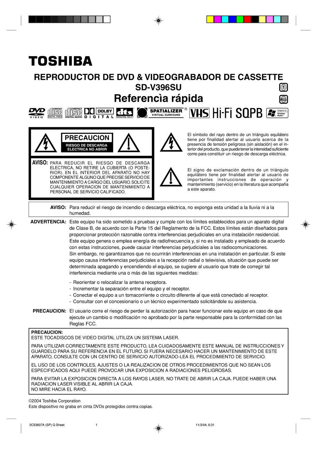 Toshiba SD-V396SU owner manual Referencìa rápida, Precaucion 