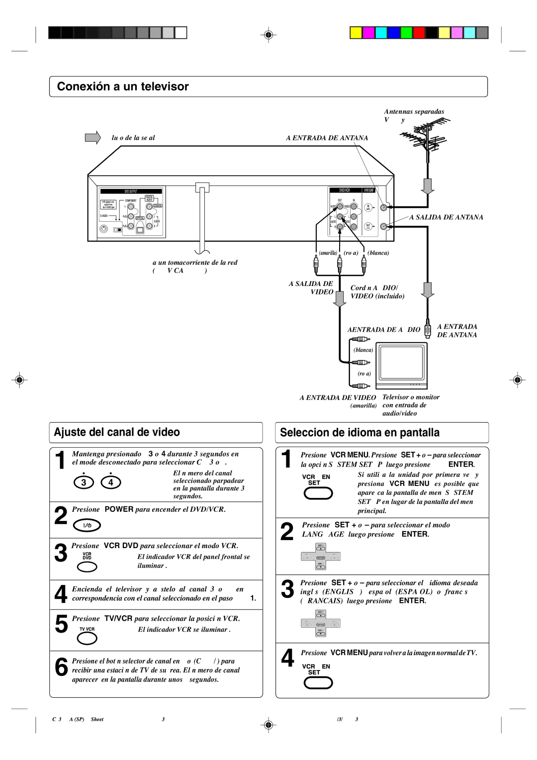 Toshiba SD-V396SU owner manual Conexión a un televisor, Ajuste del canal de video, Seleccion de idioma en pantalla 