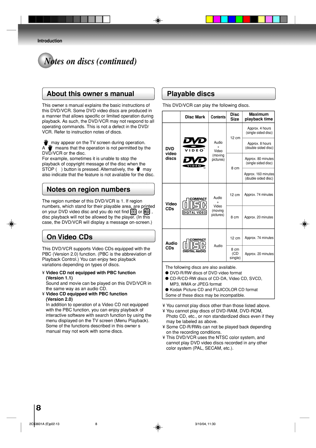 Toshiba SD-V396SU owner manual On Video CDs, Playable discs, Dvd 