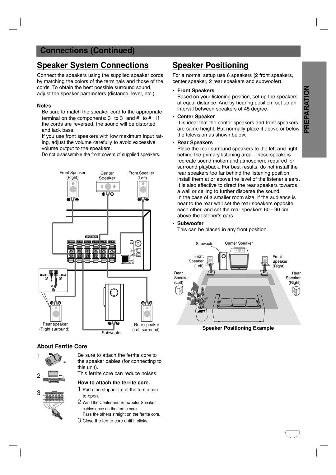 Toshiba SD-V57HTSU owner manual Connections Speaker System Connections, Speaker Positioning, About Ferrite Core 