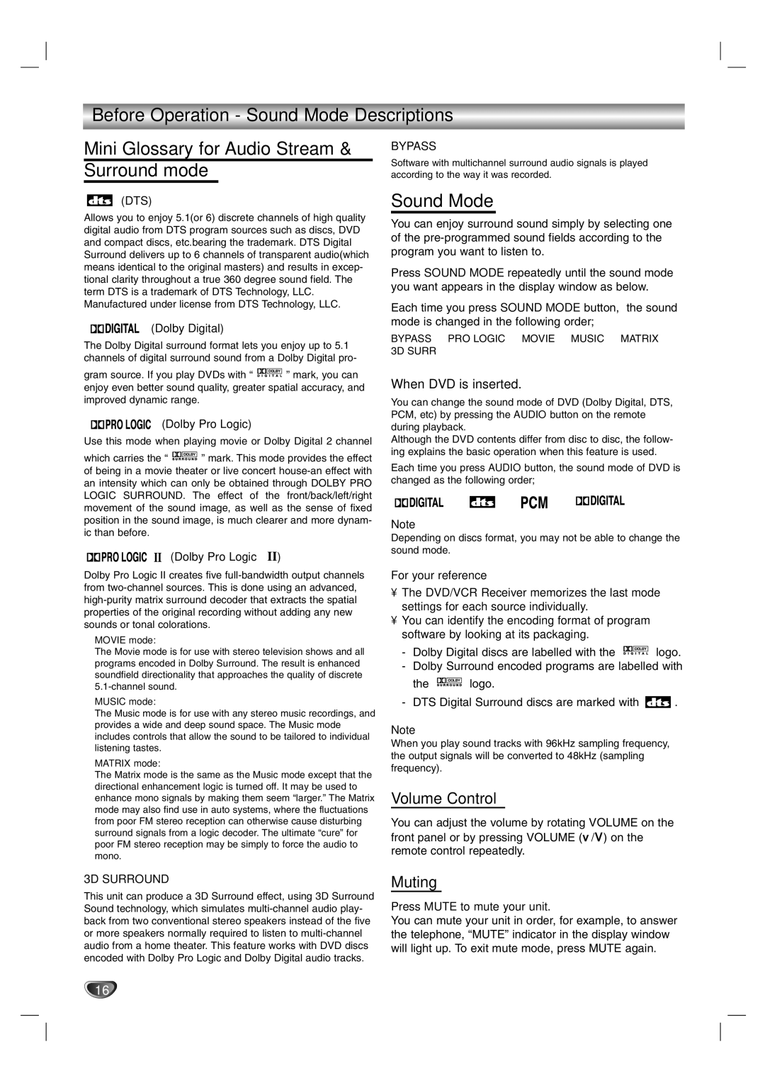 Toshiba SD-V57HTSU owner manual Sound Mode, Volume Control, Muting, When DVD is inserted 