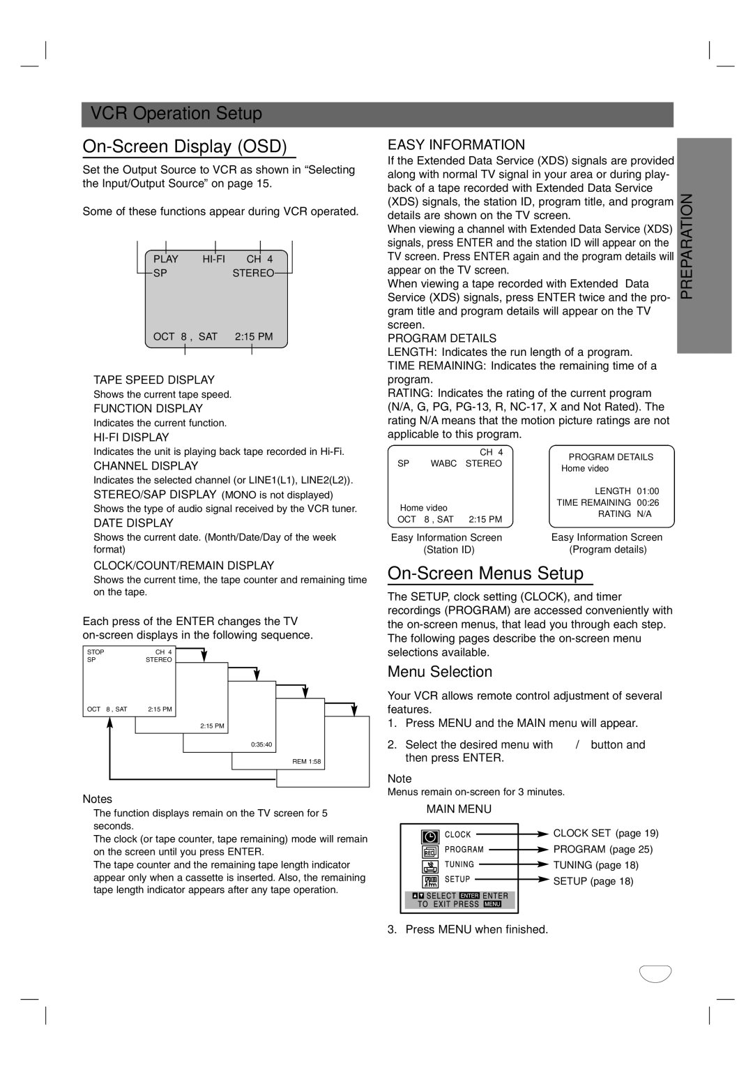 Toshiba SD-V57HTSU owner manual VCR Operation Setup On-Screen Display OSD, On-Screen Menus Setup, Menu Selection 