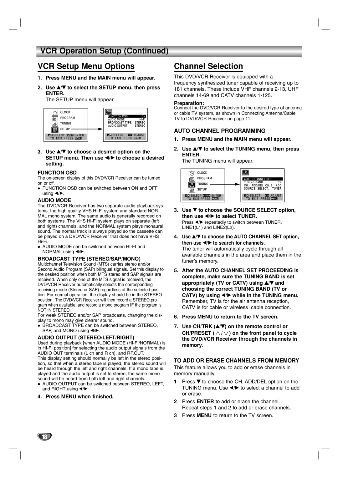 Toshiba SD-V57HTSU owner manual VCR Operation Setup VCR Setup Menu Options, Channel Selection 