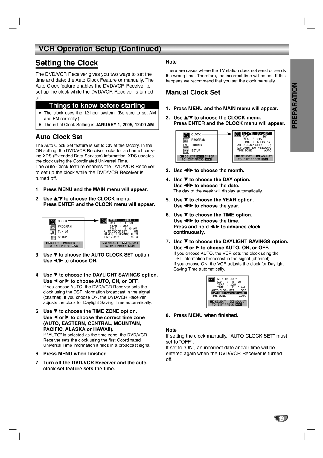 Toshiba SD-V57HTSU owner manual VCR Operation Setup Setting the Clock, Auto Clock Set, Manual Clock Set 