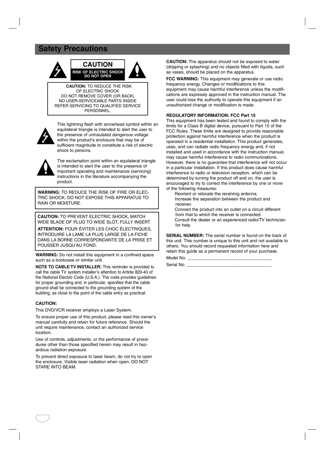 Toshiba SD-V57HTSU owner manual Safety Precautions, Regulatory Information FCC Part 