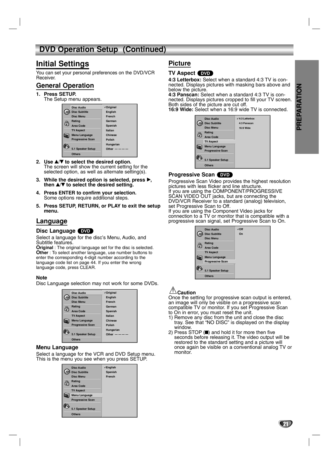 Toshiba SD-V57HTSU owner manual DVD Operation Setup Initial Settings, Picture, General Operation, Language 