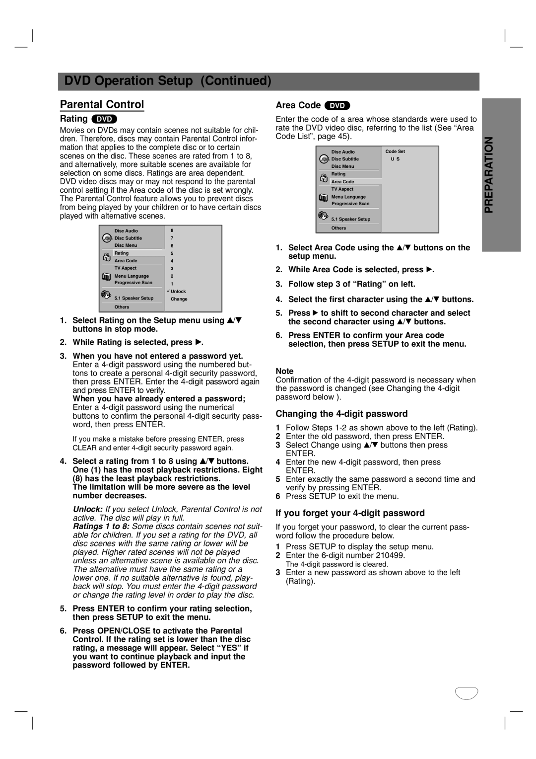 Toshiba SD-V57HTSU owner manual Parental Control, Rating DVD, Area Code DVD, Changing the 4-digit password 