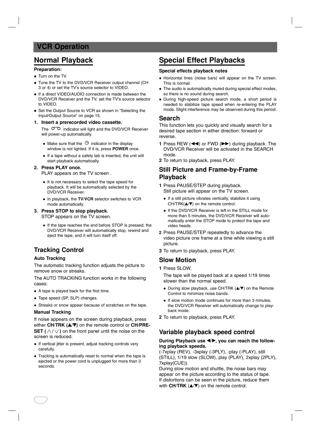 Toshiba SD-V57HTSU owner manual VCR Operation Normal Playback, Special Effect Playbacks 