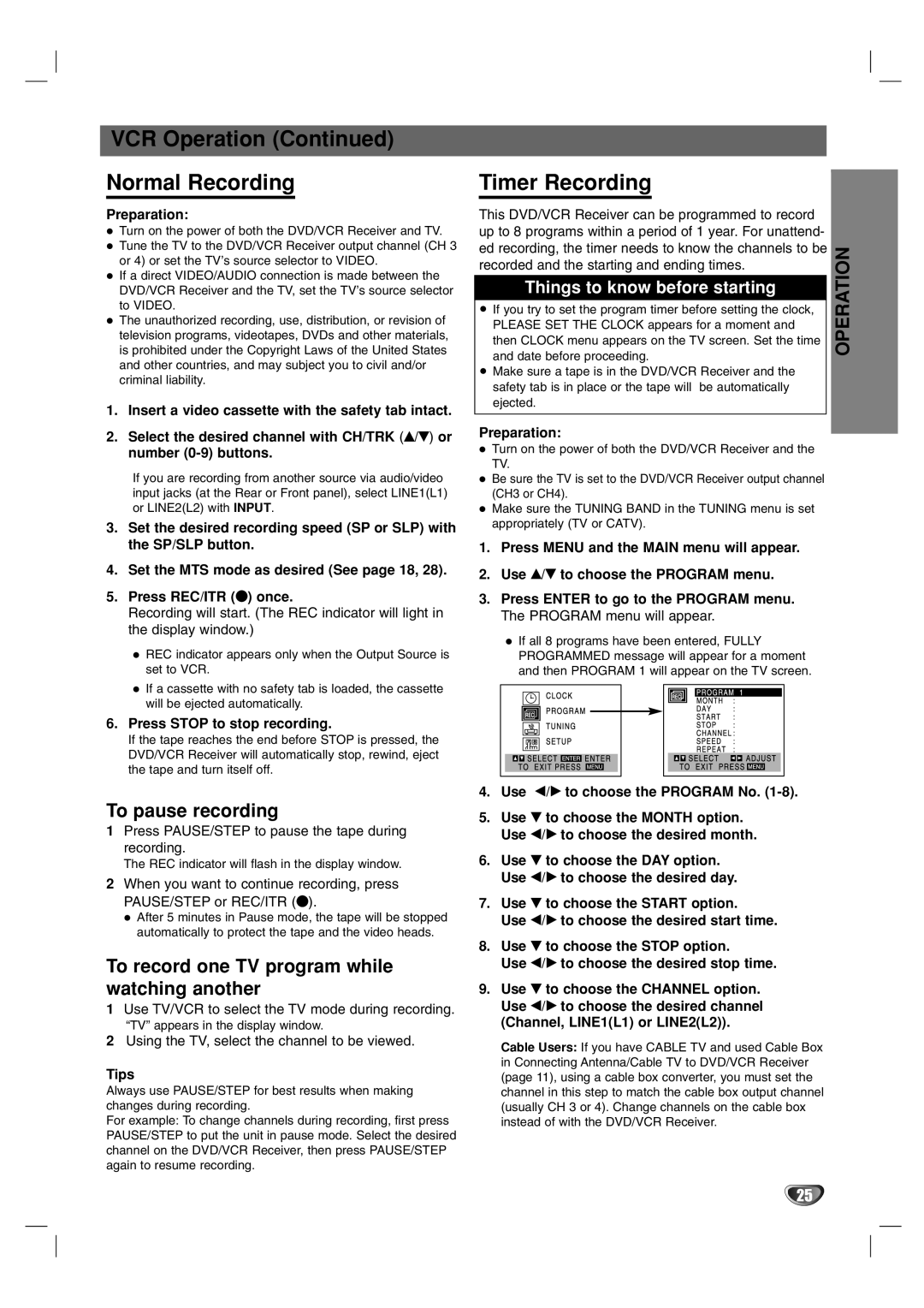 Toshiba SD-V57HTSU VCR Operation Normal Recording, Timer Recording, To pause recording, Press Stop to stop recording 