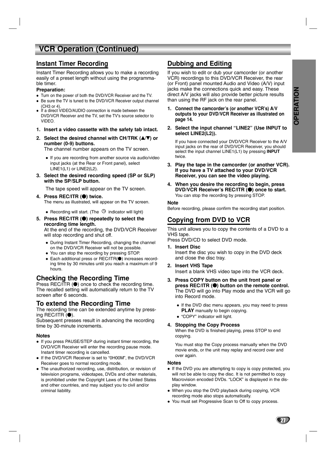 Toshiba SD-V57HTSU Instant Timer Recording, Checking the Recording Time, To extend the Recording Time, Dubbing and Editing 