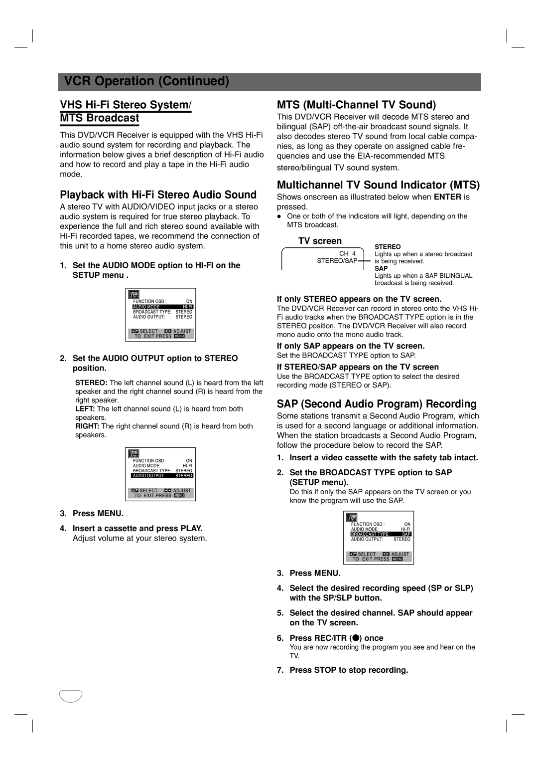 Toshiba SD-V57HTSU owner manual VHS Hi-Fi Stereo System MTS Broadcast, Playback with Hi-Fi Stereo Audio Sound 