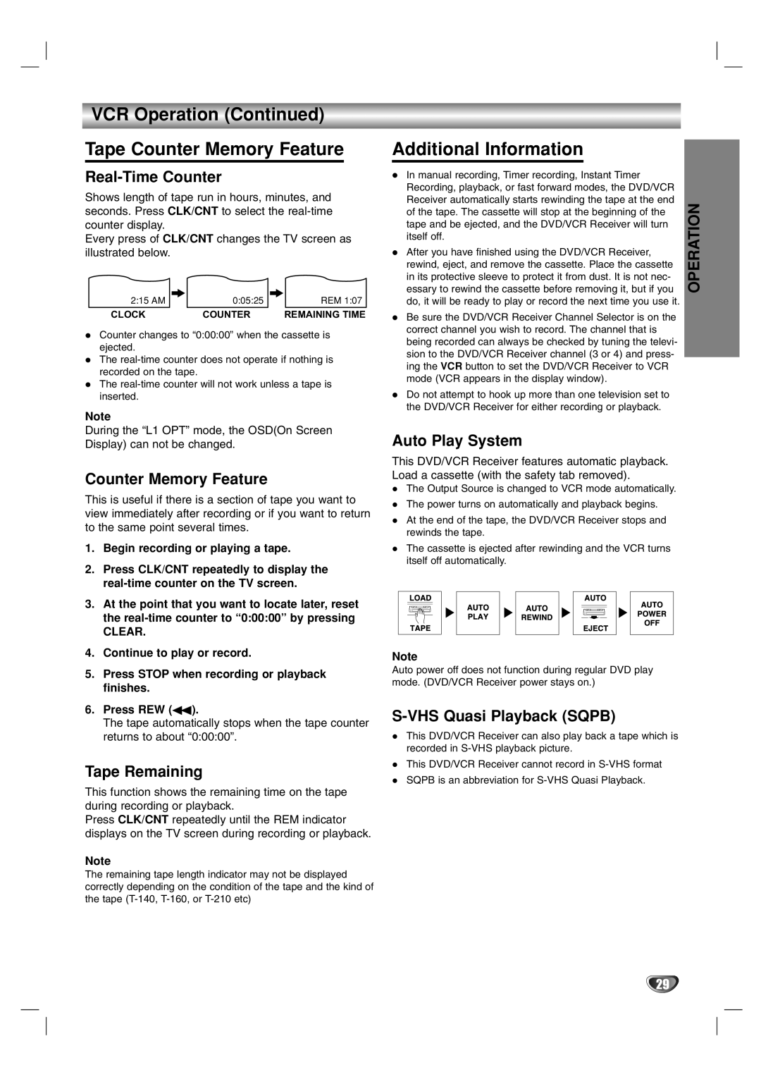 Toshiba SD-V57HTSU owner manual VCR Operation Tape Counter Memory Feature, Additional Information 