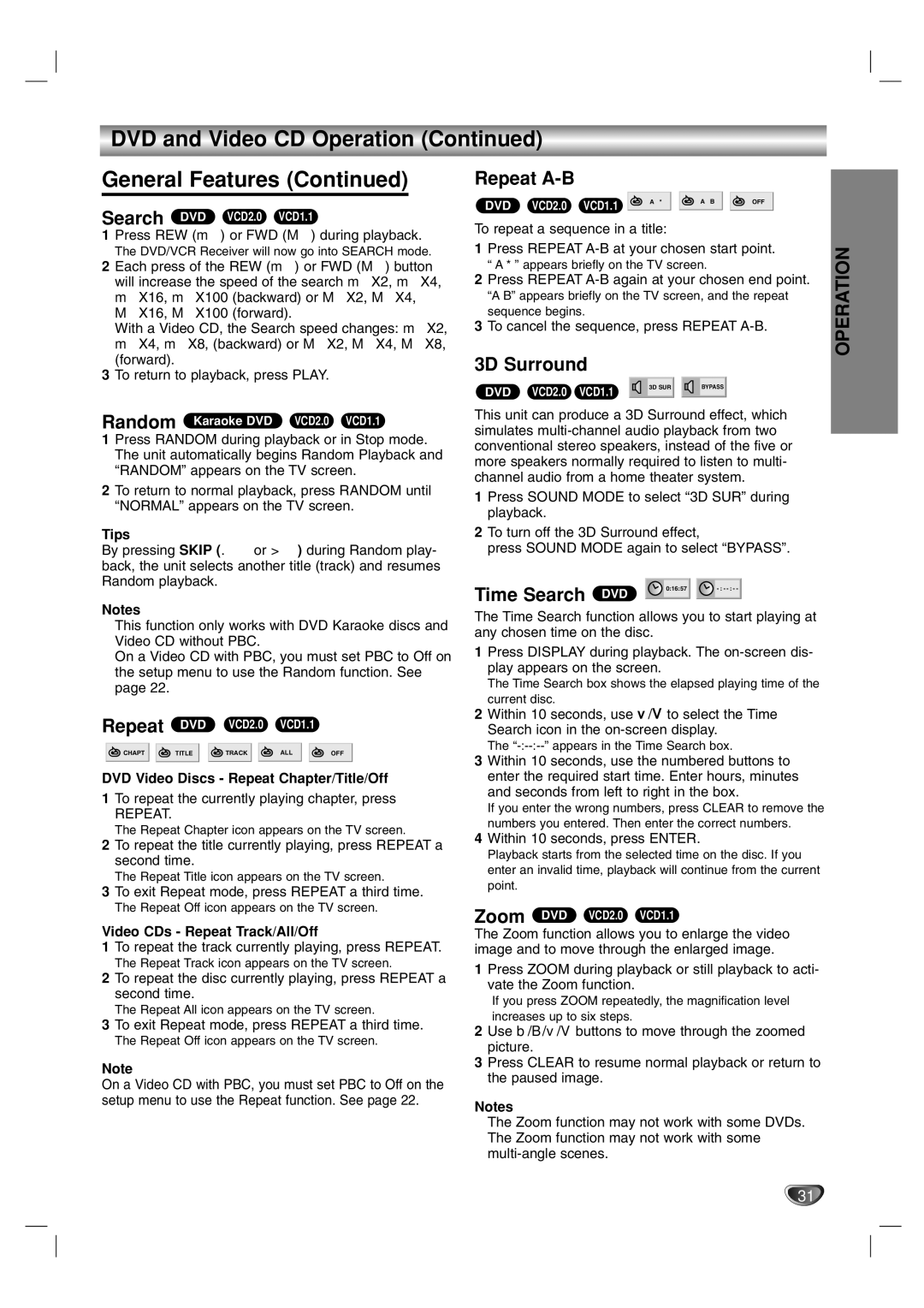 Toshiba SD-V57HTSU owner manual DVD and Video CD Operation General Features, Repeat A-B, 3D Surround, Time Search DVD 