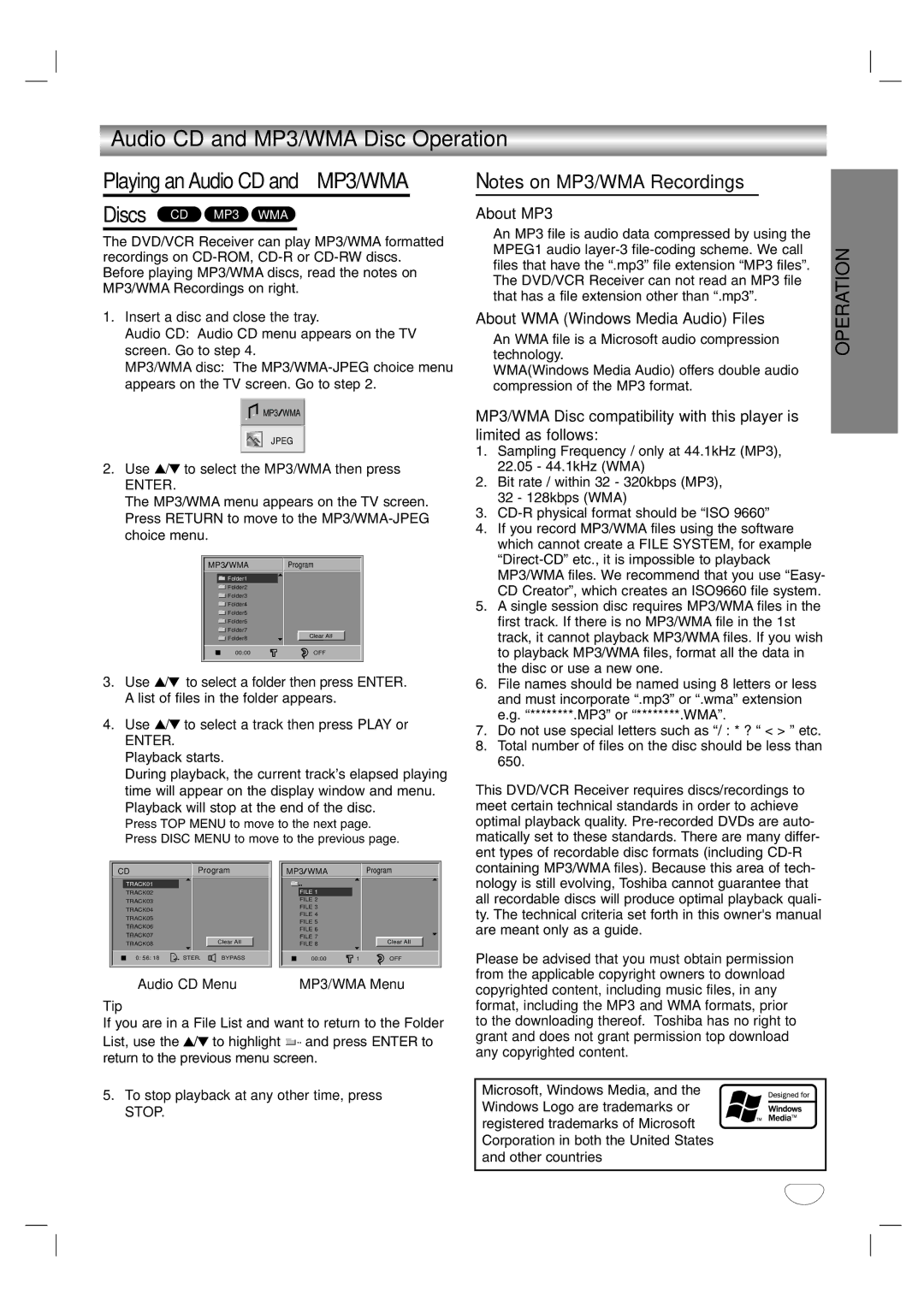 Toshiba SD-V57HTSU owner manual Audio CD and MP3/WMA Disc Operation, About MP3, About WMA Windows Media Audio Files 