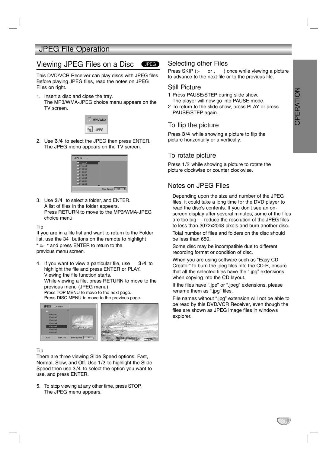 Toshiba SD-V57HTSU owner manual Jpeg File Operation Viewing Jpeg Files on a Disc Jpeg, Selecting other Files, Still Picture 