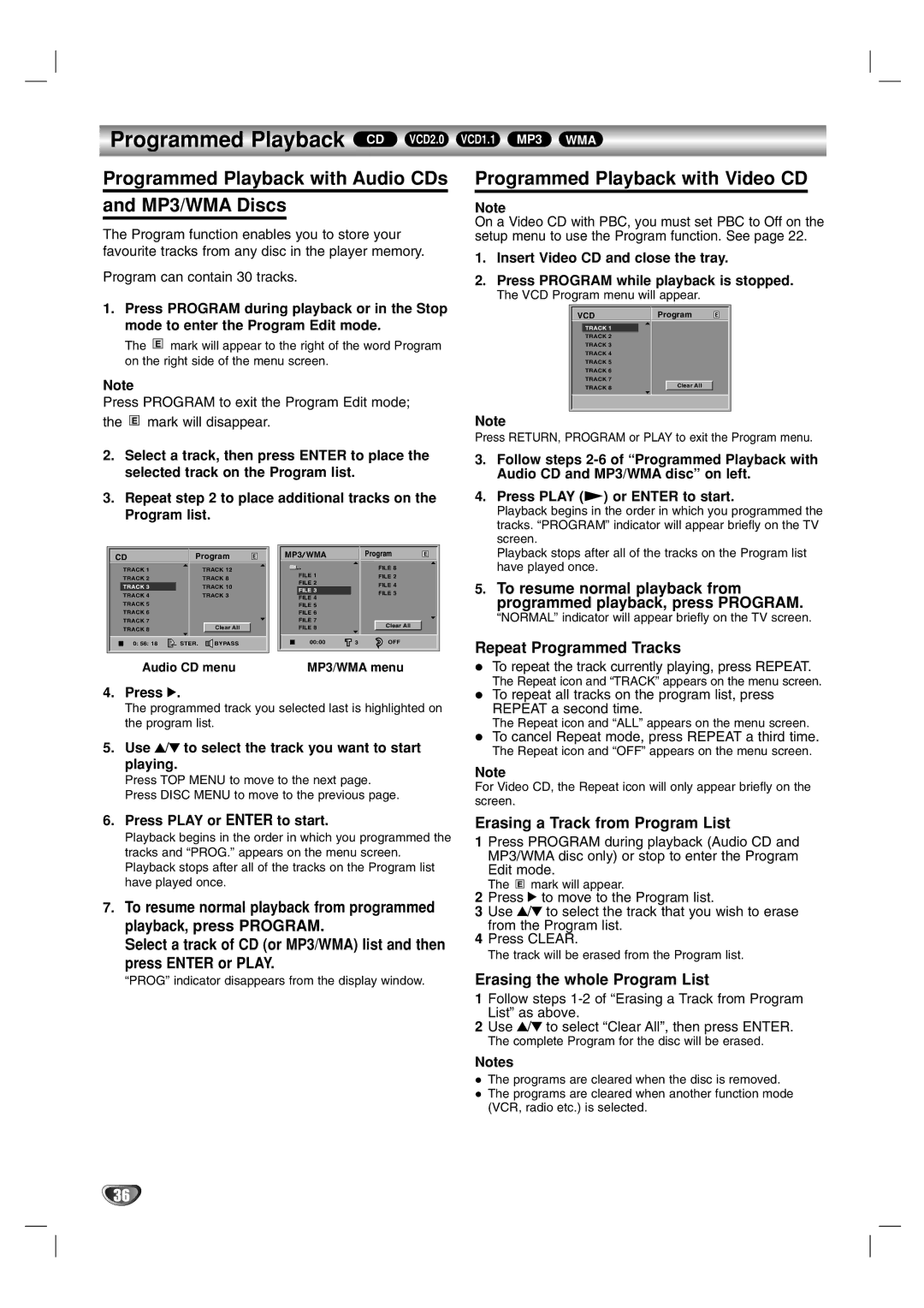 Toshiba SD-V57HTSU owner manual Programmed Playback with Audio CDs MP3/WMA Discs, Programmed Playback with Video CD 