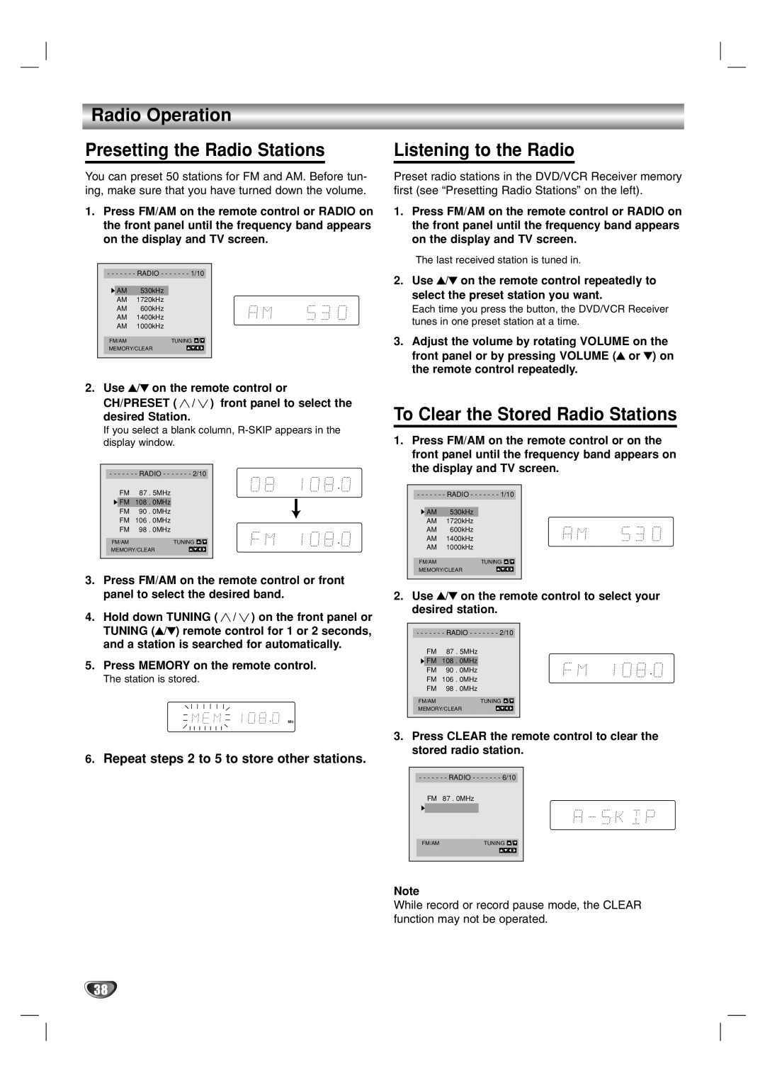 Toshiba SD-V57HTSU owner manual Radio Operation Presetting the Radio Stations, Listening to the Radio 