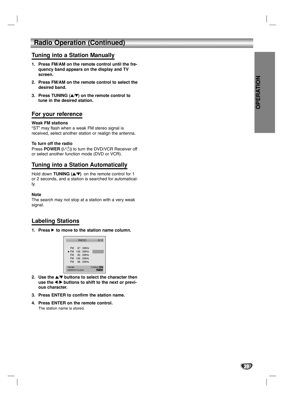 Toshiba SD-V57HTSU owner manual Radio Operation, Tuning into a Station Manually, For your reference, Labeling Stations 