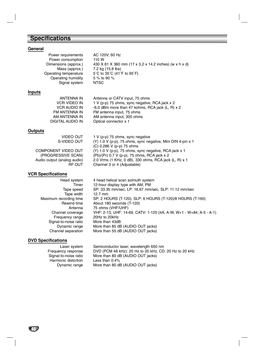 Toshiba SD-V57HTSU owner manual Specifications 