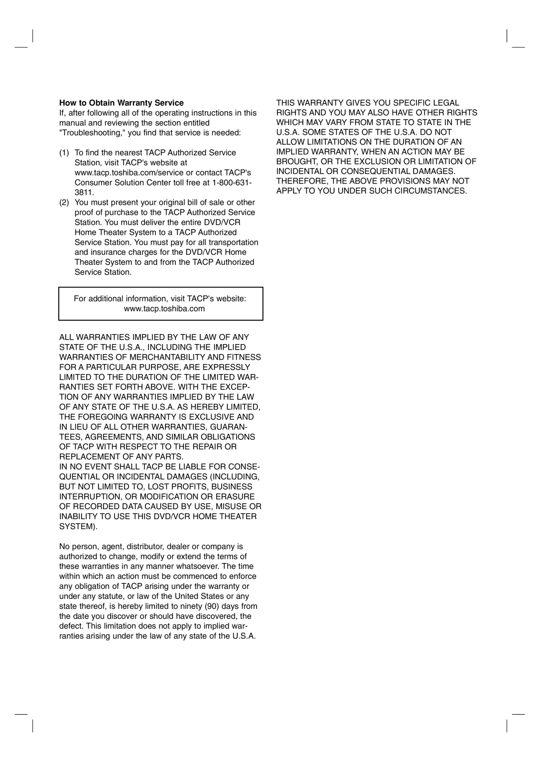 Toshiba SD-V57HTSU owner manual How to Obtain Warranty Service 