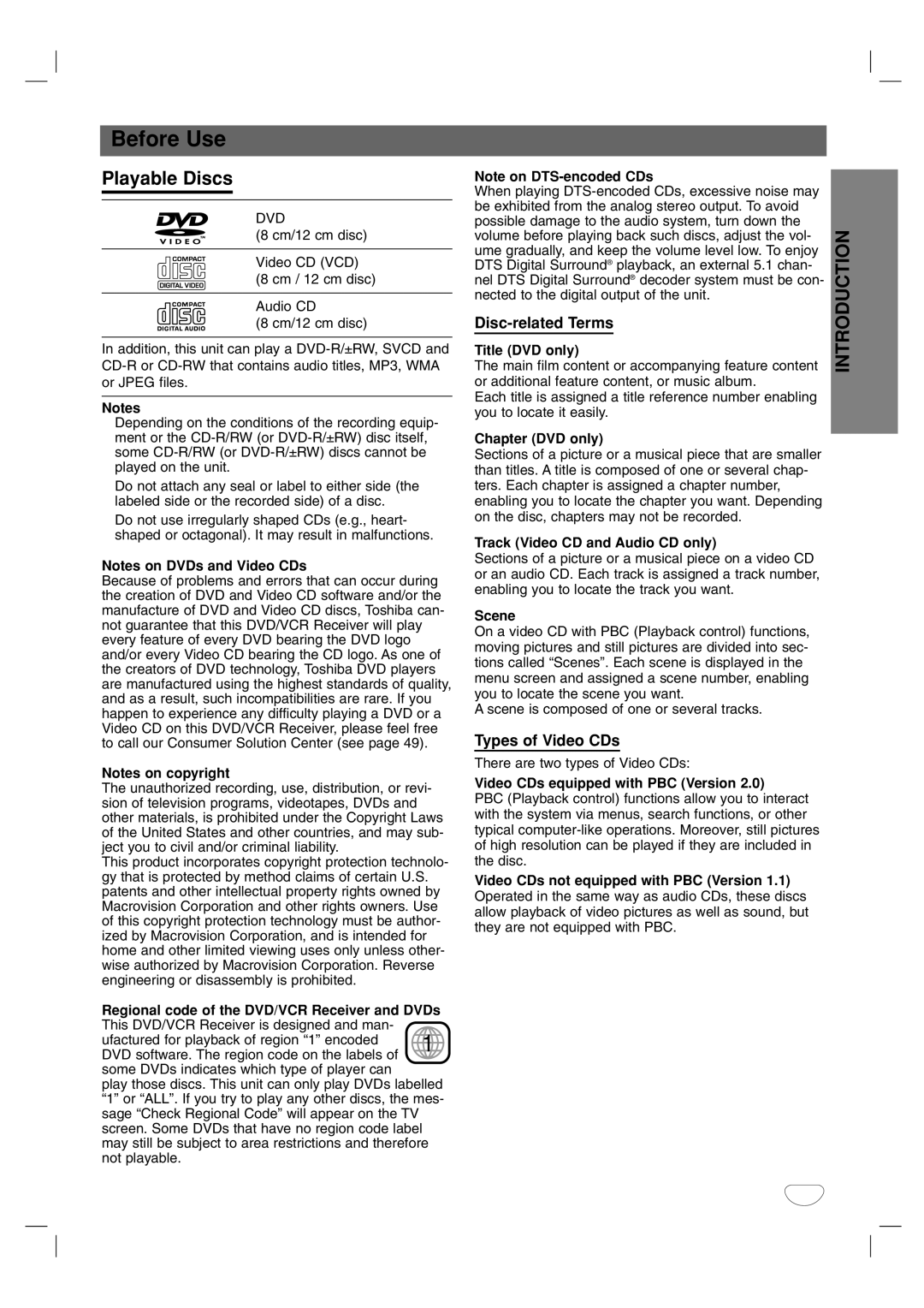 Toshiba SD-V57HTSU owner manual Before Use, Playable Discs, Disc-related Terms, Types of Video CDs 