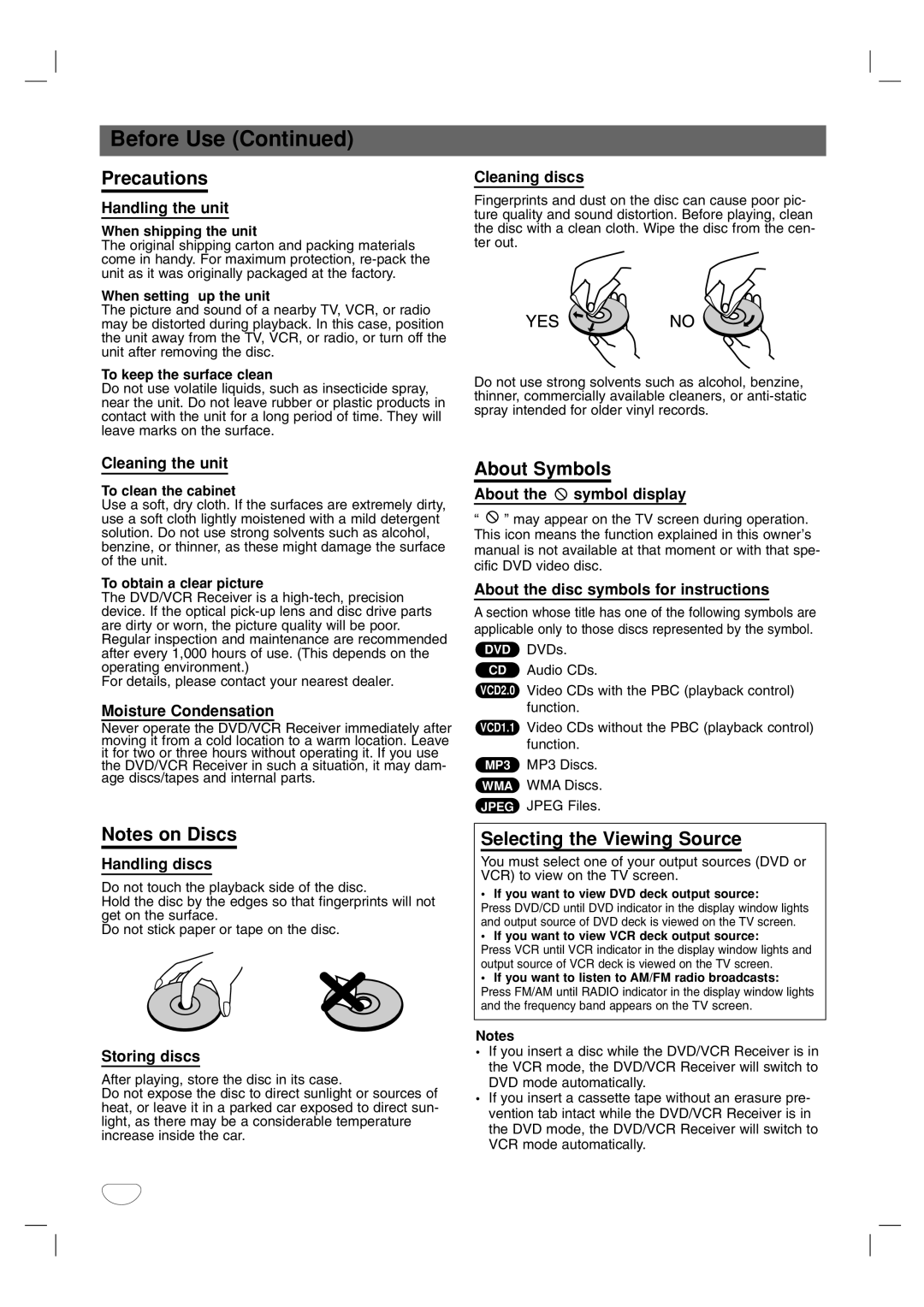 Toshiba SD-V57HTSU owner manual Precautions, About Symbols, Selecting the Viewing Source 