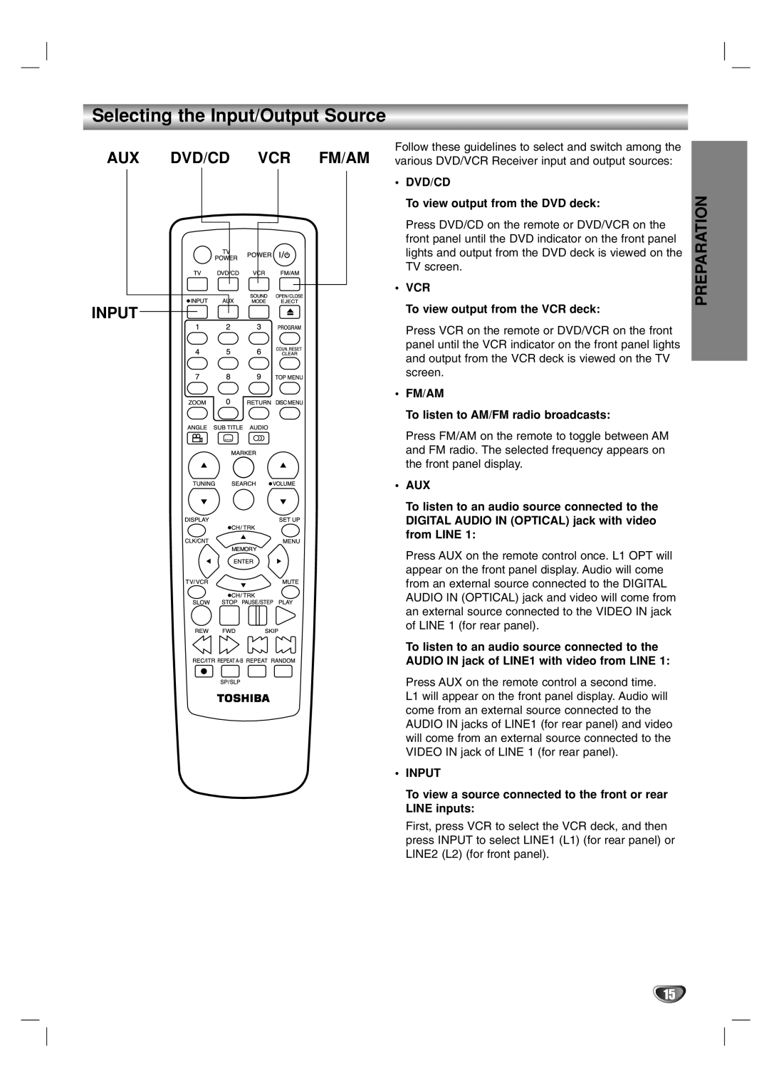 Toshiba SD-V57HTSU owner manual Selecting the Input/Output Source, Dvd/Cd, Fm/Am, Preparation 