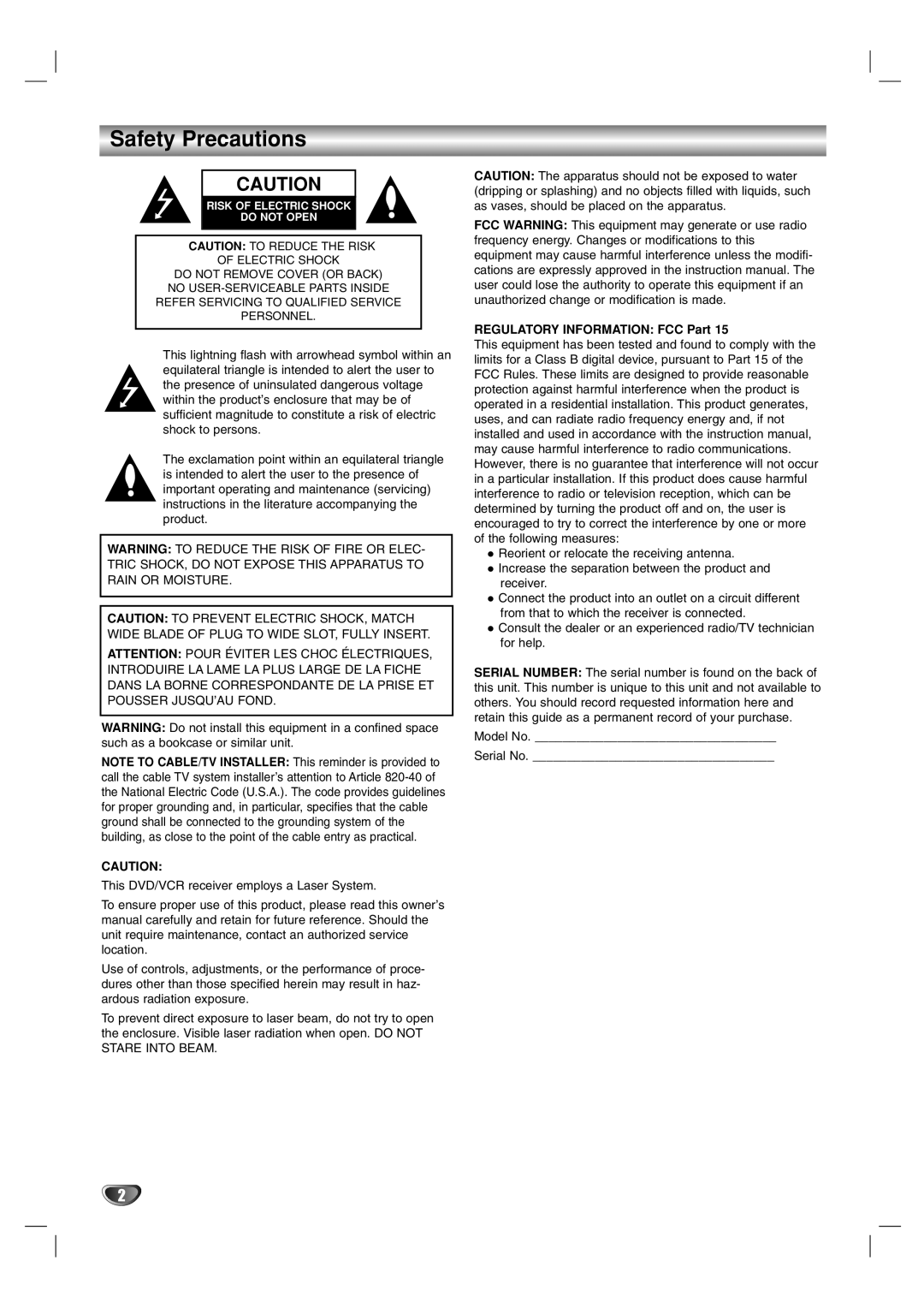 Toshiba SD-V57HTSU owner manual Safety Precautions, REGULATORY INFORMATION: FCC Part 