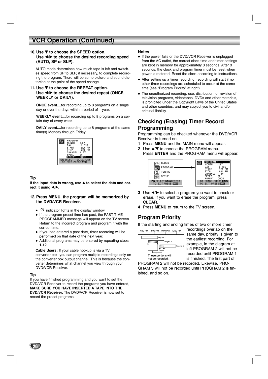 Toshiba SD-V57HTSU owner manual VCR Operation Continued, Checking Erasing Timer Record Programming, Program Priority 