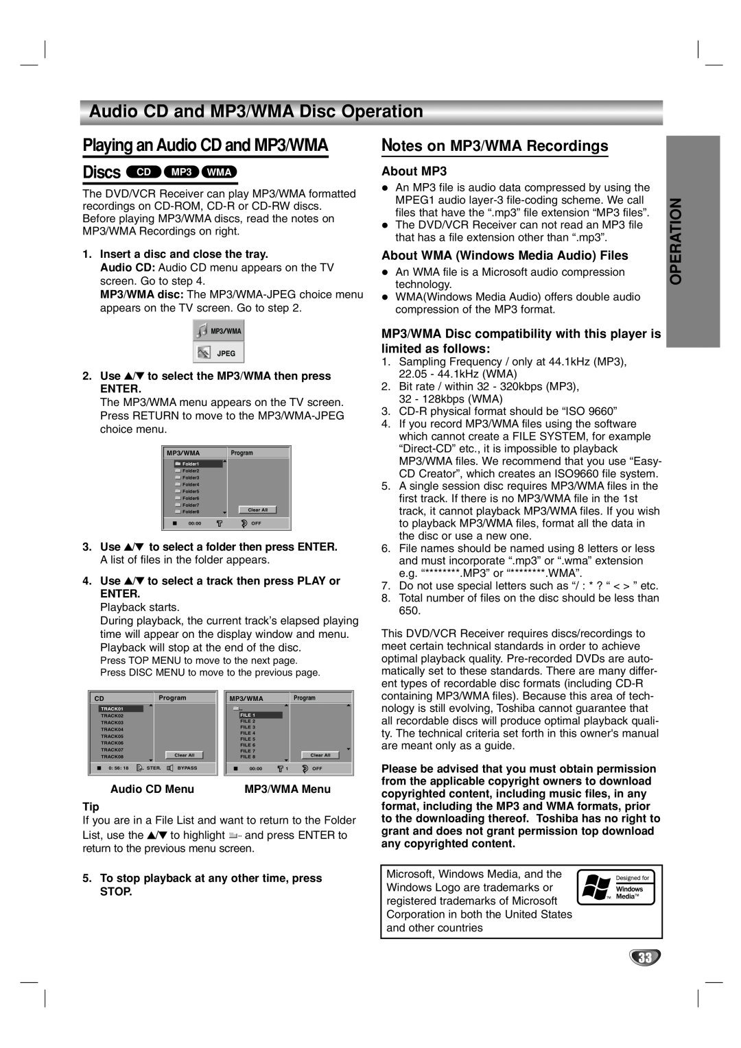 Toshiba SD-V57HTSU owner manual Audio CD and MP3/WMA Disc Operation, Notes on MP3/WMA Recordings, About MP3 